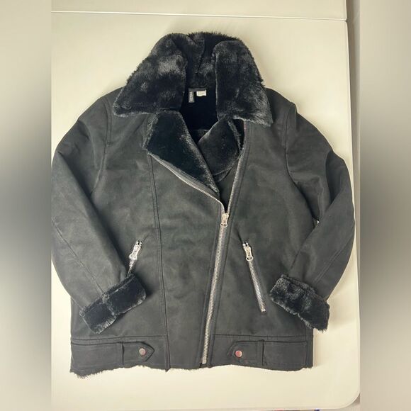 H&M Faux Fur-lined Biker Jacket Black Full Zip Aviator Size 8 - Picture 7 of 15